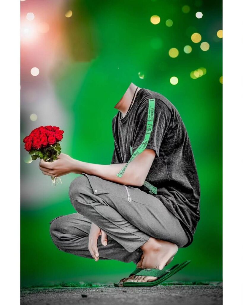 sitting boy Without Head with rose flowers Background