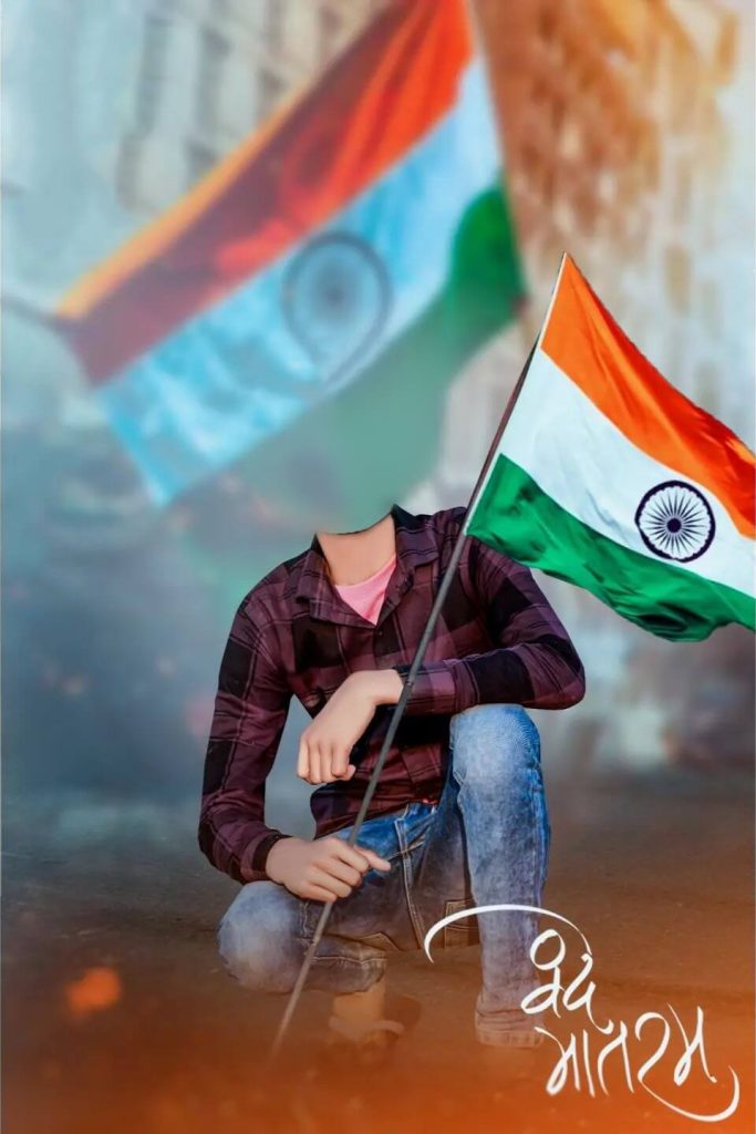 sitting boy with indian flag republic day background