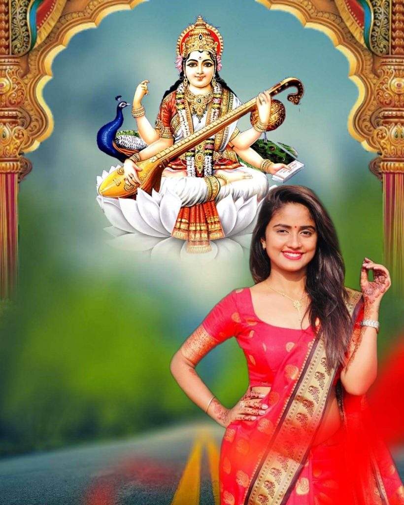 Download Maa Saraswati Puja Special Festival Photo Editing Background with Girls