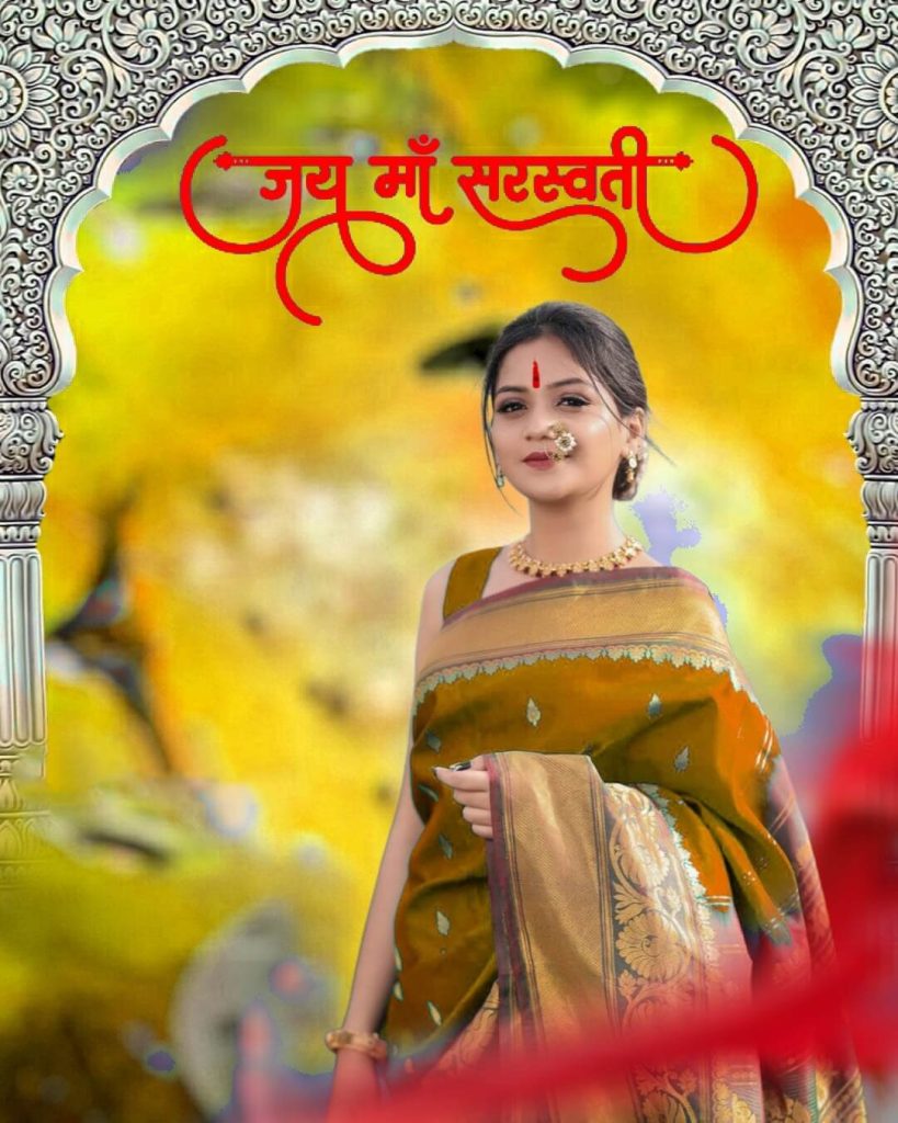 Jai Maa Saraswati Yellow CB Background Free Stock Full HD Download with Girls