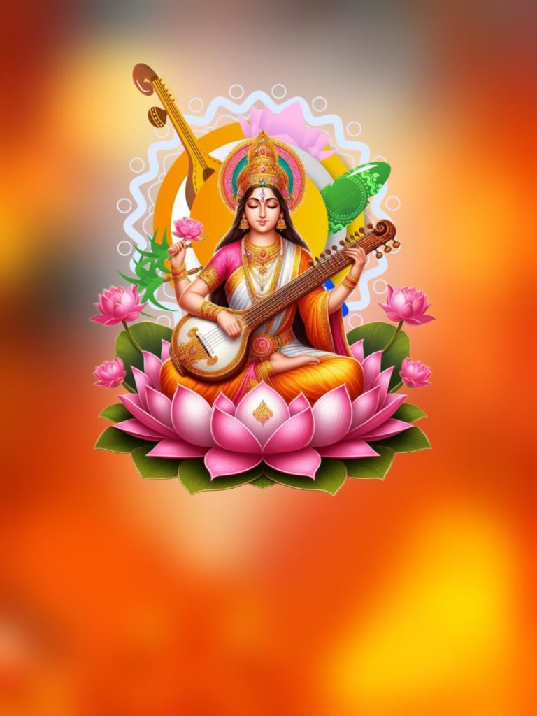 Saraswati Maa Sitting On Flowers Editing Background