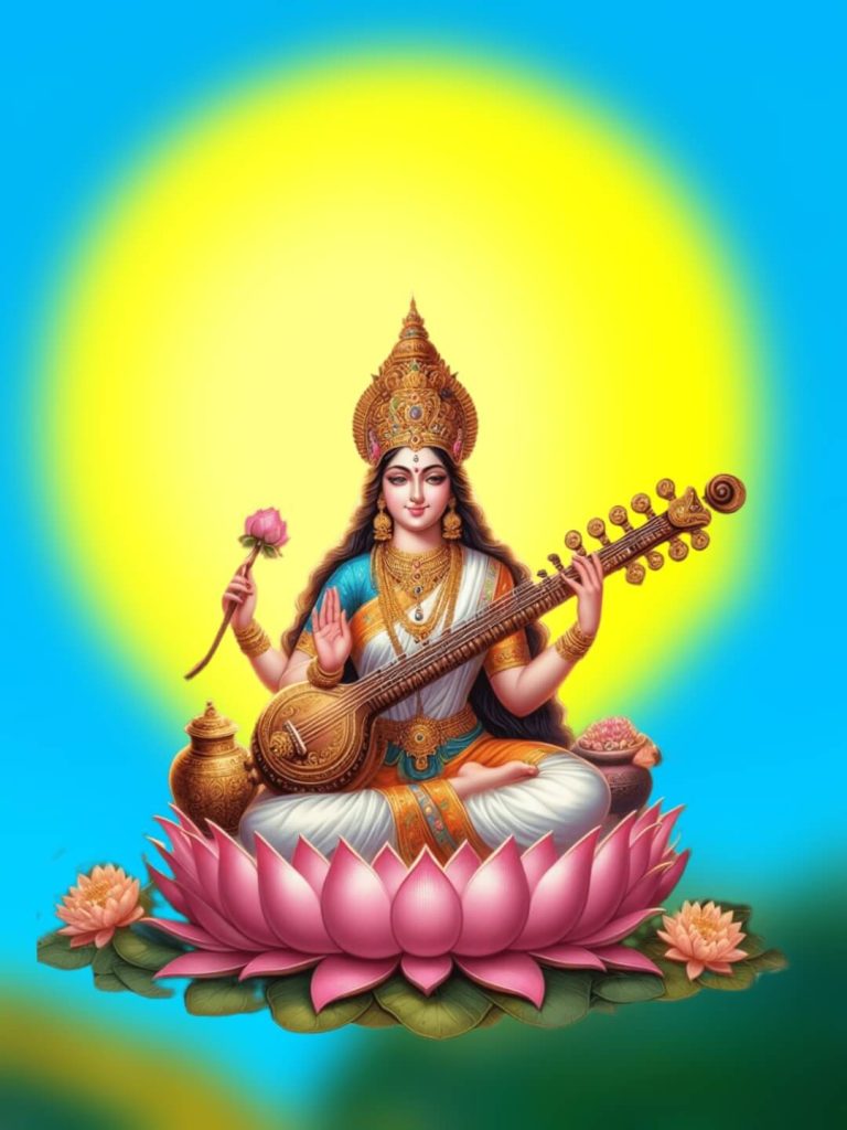 Saraswati Maa Sitting On Flowers Editing Background hd